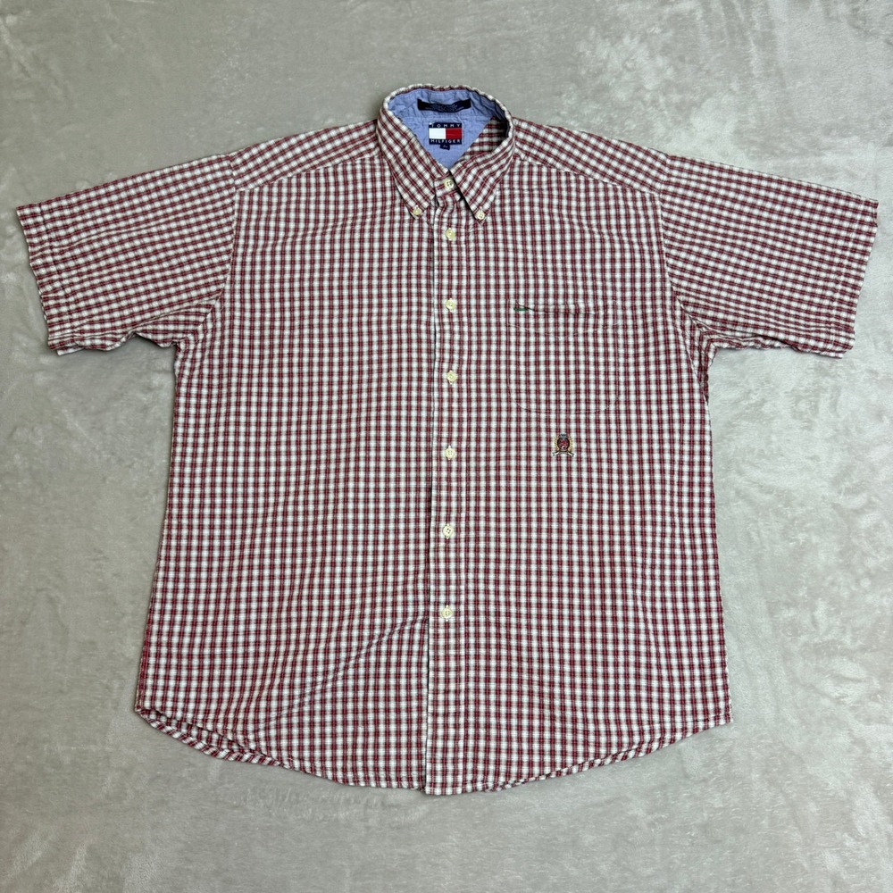 VTG Tommy Hilfiger Plaid Button Down Shirt Mens Large Gingham Seersucker 90s